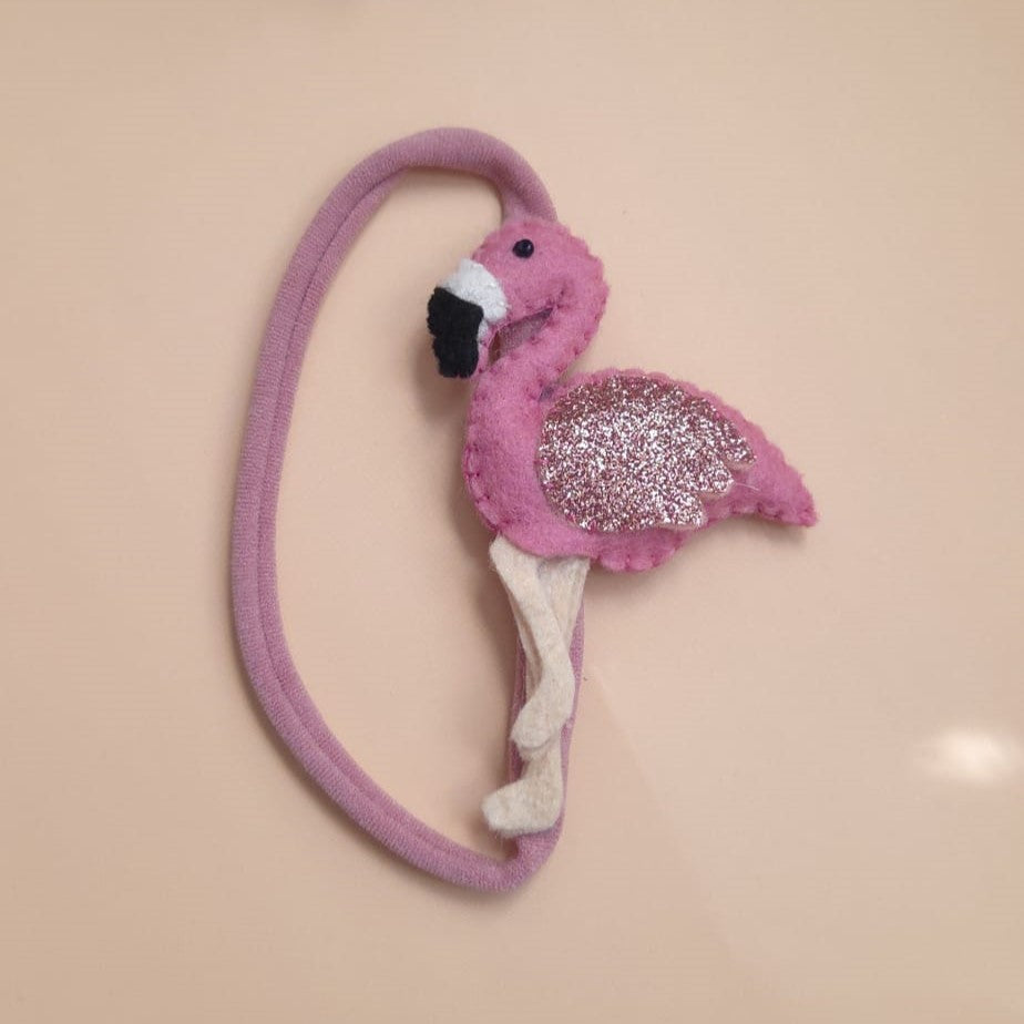Bentiță elastică handmade cu flamingo din fetru
