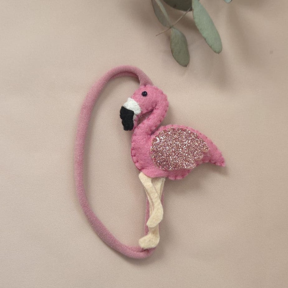Bentiță elastică handmade cu flamingo din fetru