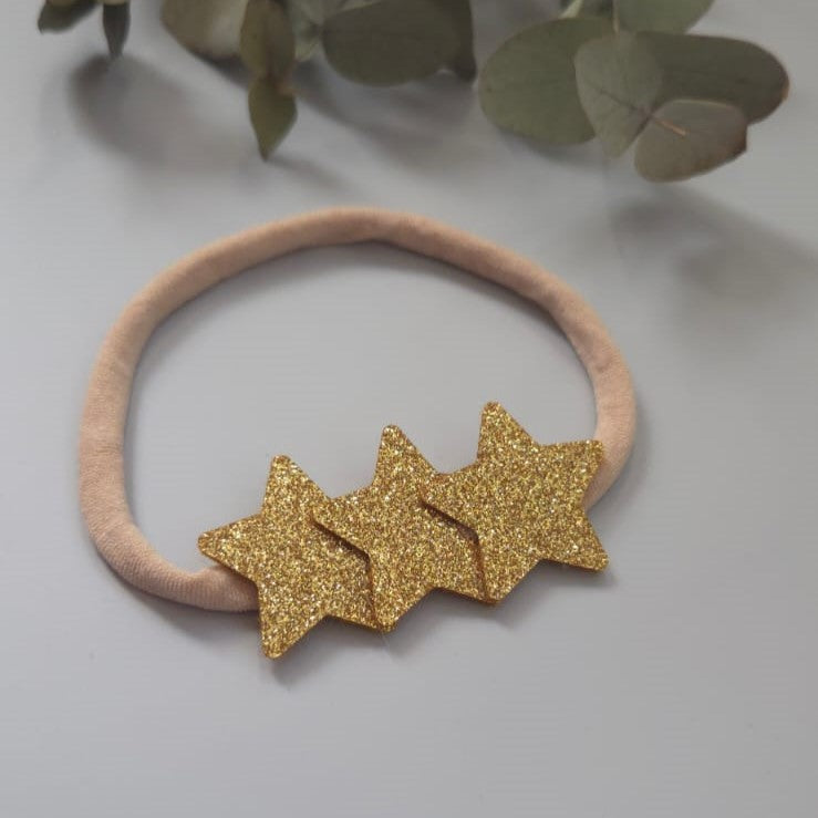 Bentiță elastică handmade cu steluțe aurii glitter