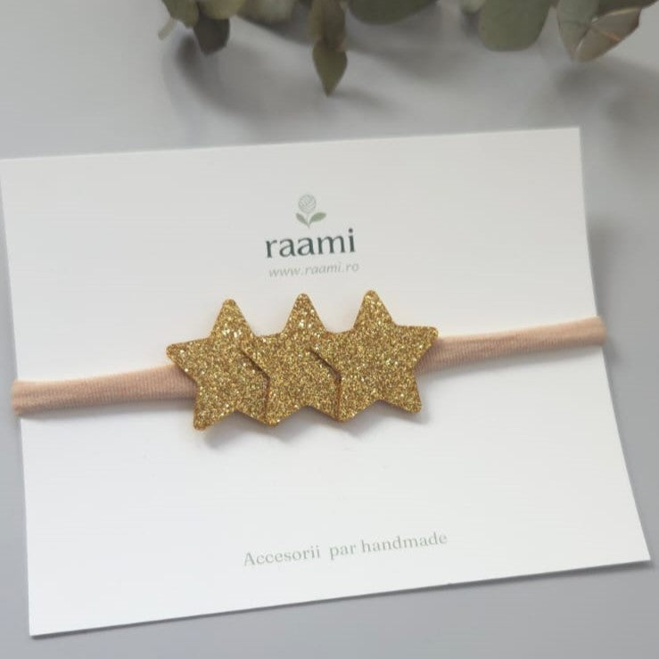 Bentiță elastică handmade cu steluțe aurii glitter