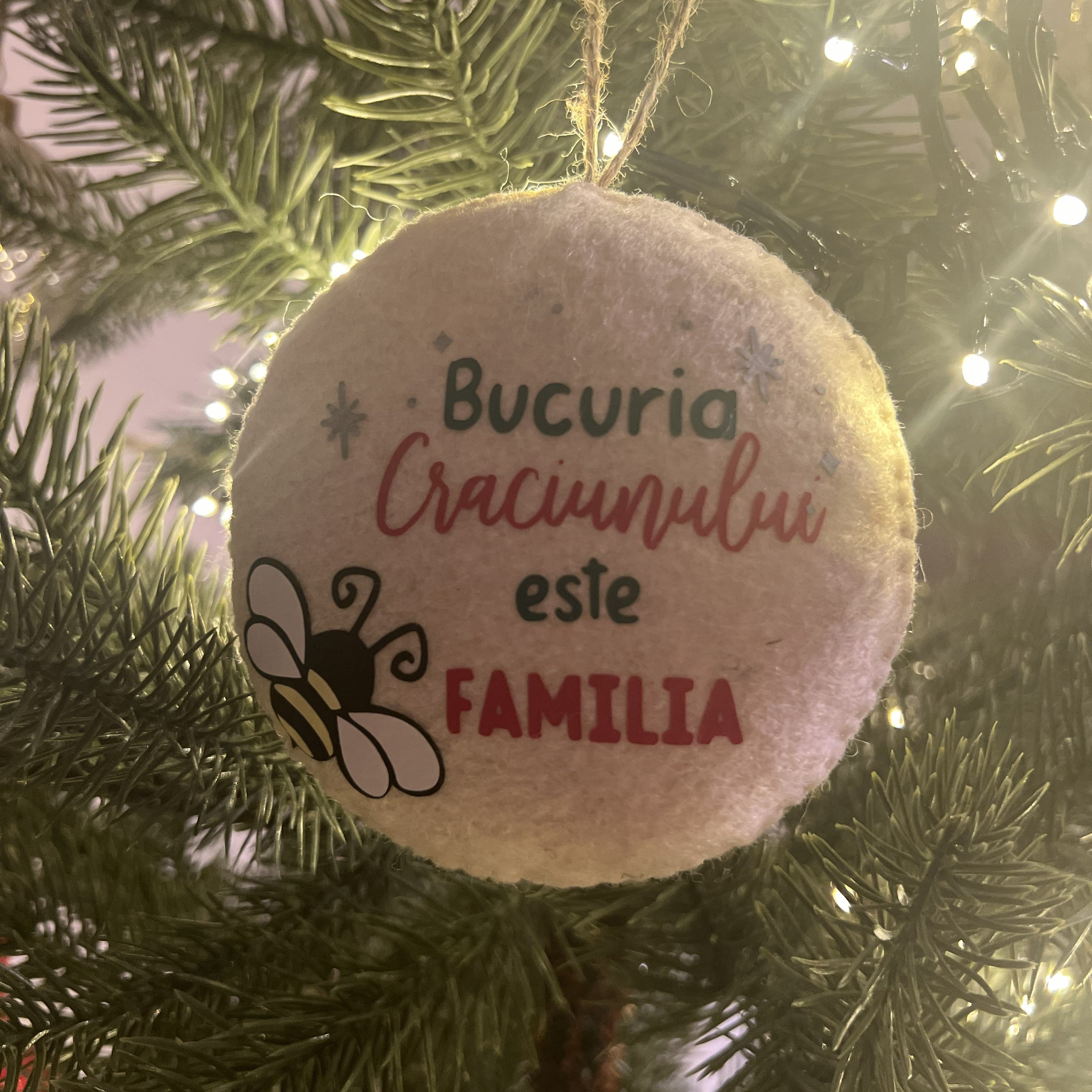Glob personalizat „Bucuria Crăciunului este familia” – ornament handmade pentru cadre didactice